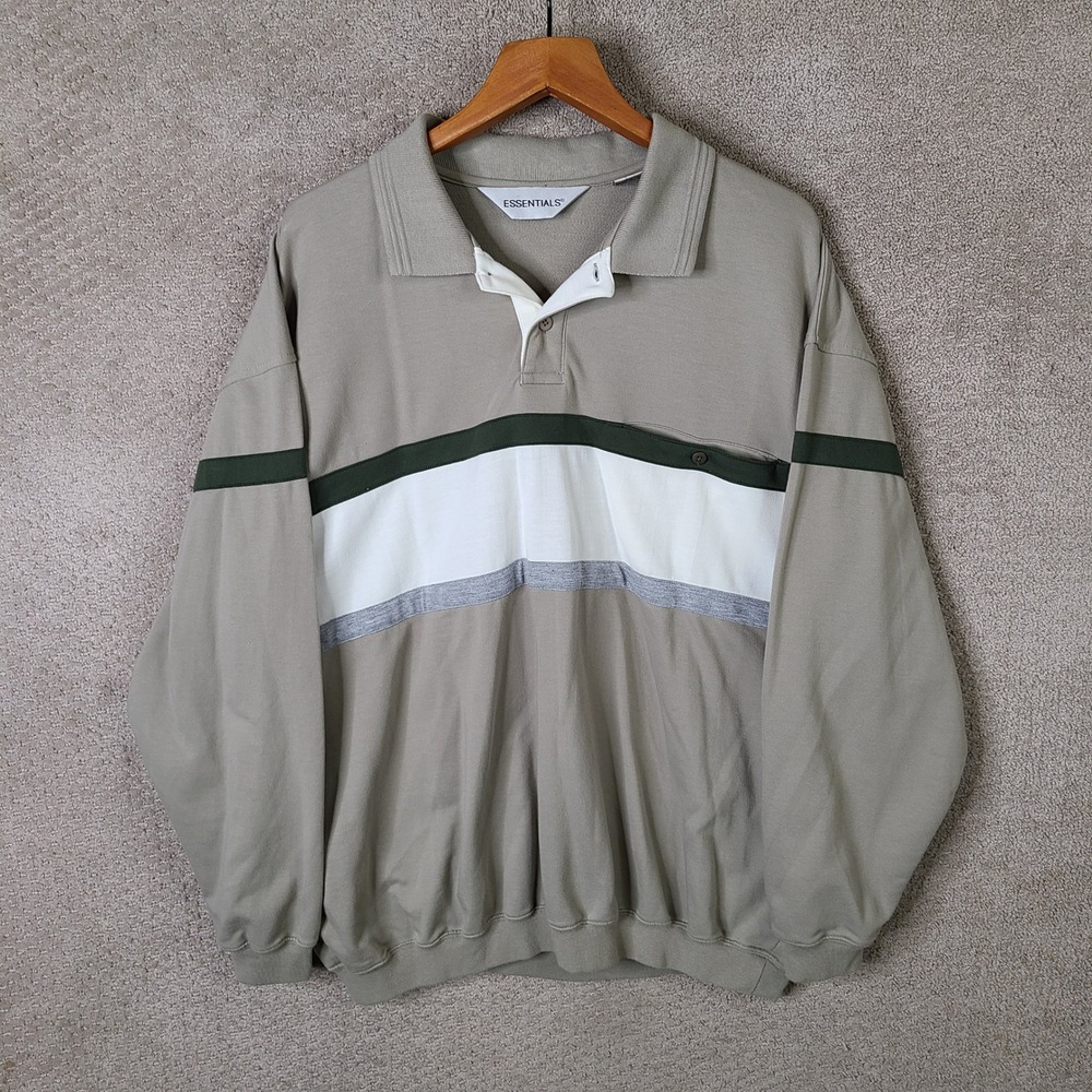 Vintage Essentials‎ Shirt Mens 2X Tan Striped Polo Long Sleeve Banded Hem Retro